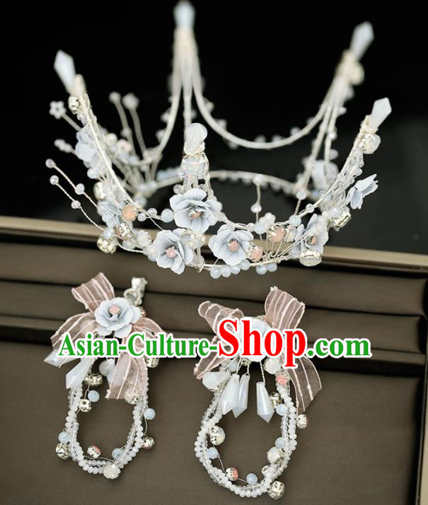 Top Grade Handmade Baroque Bride Blue Flowers Royal Crown Princess Wedding Hair Accessories for Women