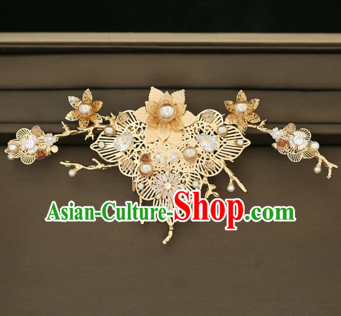 Handmade Chinese Ancient Wedding Golden Flowers Hair Comb Hairpins Traditional Bride Hanfu Hair Accessories for Women