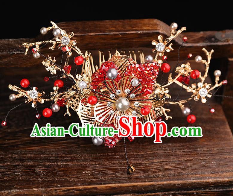 Handmade Chinese Wedding Red Crystal Hair Comb Tassel Hairpins Ancient Traditional Hanfu Hair Accessories for Women