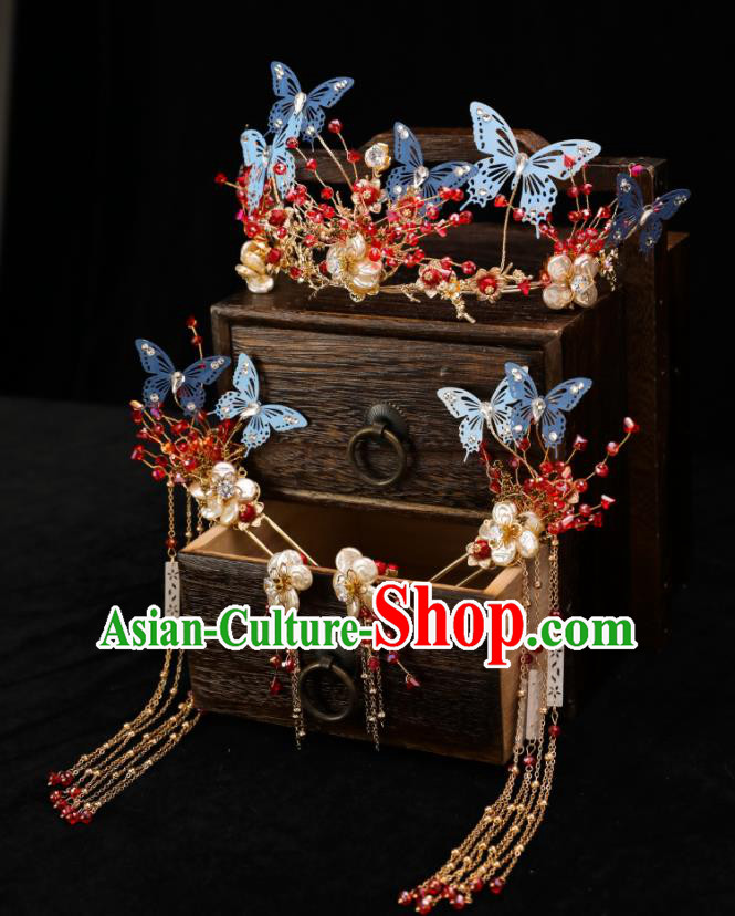 Handmade Chinese Wedding Tassel Blue Butterfly Hair Crown Hairpins Ancient Traditional Hanfu Hair Accessories for Women