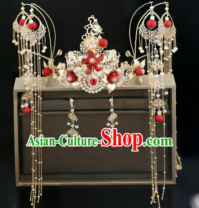 Handmade Chinese Ancient Wedding Tassel Step Shake Hairpins Phoenix Coronet Traditional Bride Hanfu Hair Accessories for Women