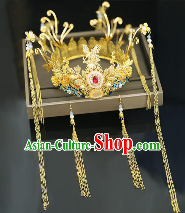Handmade Chinese Ancient Wedding Tassel Step Shake Hairpins Blueing Phoenix Coronet Traditional Bride Hanfu Hair Accessories for Women