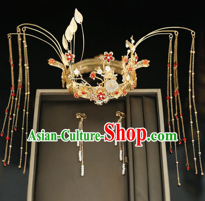 Handmade Chinese Ancient Wedding Hairpins Tassel Plum Blossom Phoenix Coronet Traditional Bride Hanfu Hair Accessories for Women