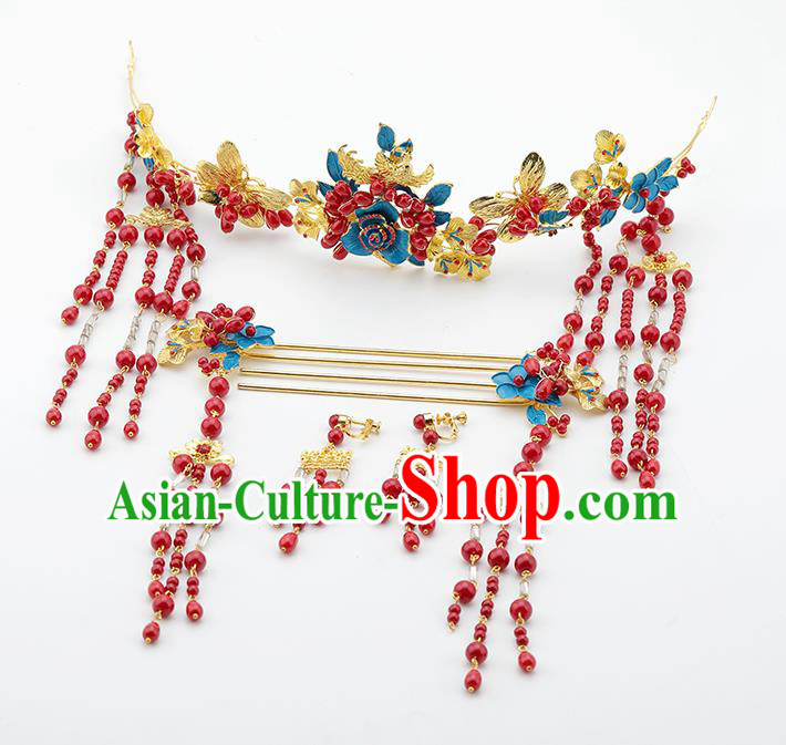 Handmade Chinese Wedding Blueing Hair Clasp Tassel Hairpins Ancient Traditional Hanfu Hair Accessories for Women
