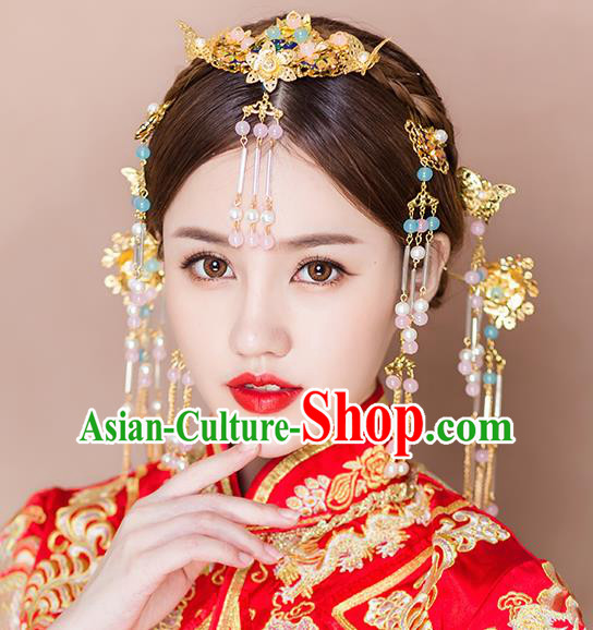 Handmade Chinese Wedding Blueing Butterfly Hair Combs Tassel Hairpins Ancient Traditional Hanfu Hair Accessories for Women