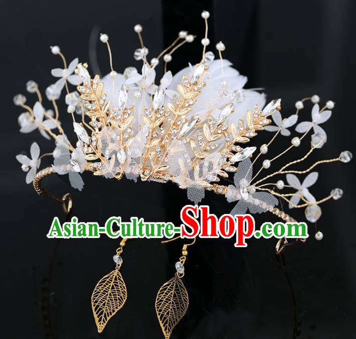 Top Grade Handmade Baroque Princess White Feather Royal Crown Wedding Bride Hair Accessories for Women