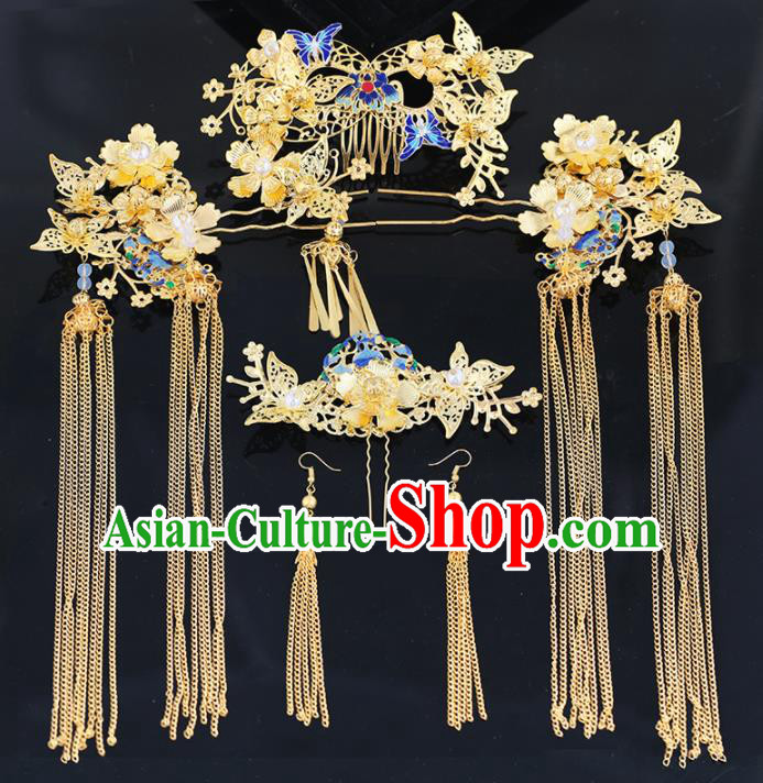 Handmade Chinese Ancient Wedding Bride Blueing Butterfly Hair Combs Tassel Hairpins Traditional Hanfu Hair Accessories for Women