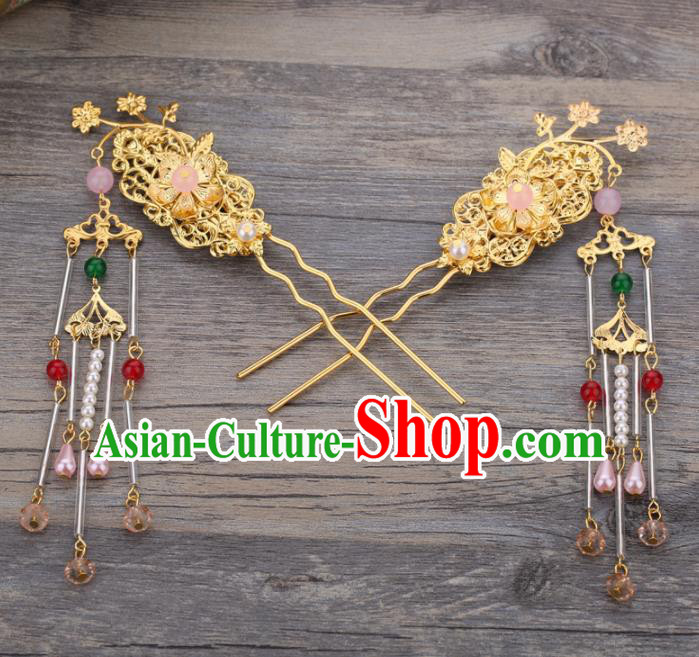 Handmade Chinese Ancient Wedding Bride Golden Hair Combs Tassel Hairpins Traditional Hanfu Hair Accessories for Women