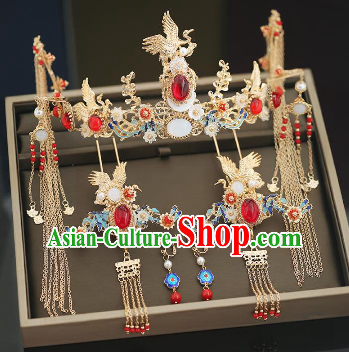 Handmade Chinese Ancient Wedding Blueing Agate Phoenix Coronet Tassel Hairpins Traditional Bride Hanfu Hair Accessories for Women
