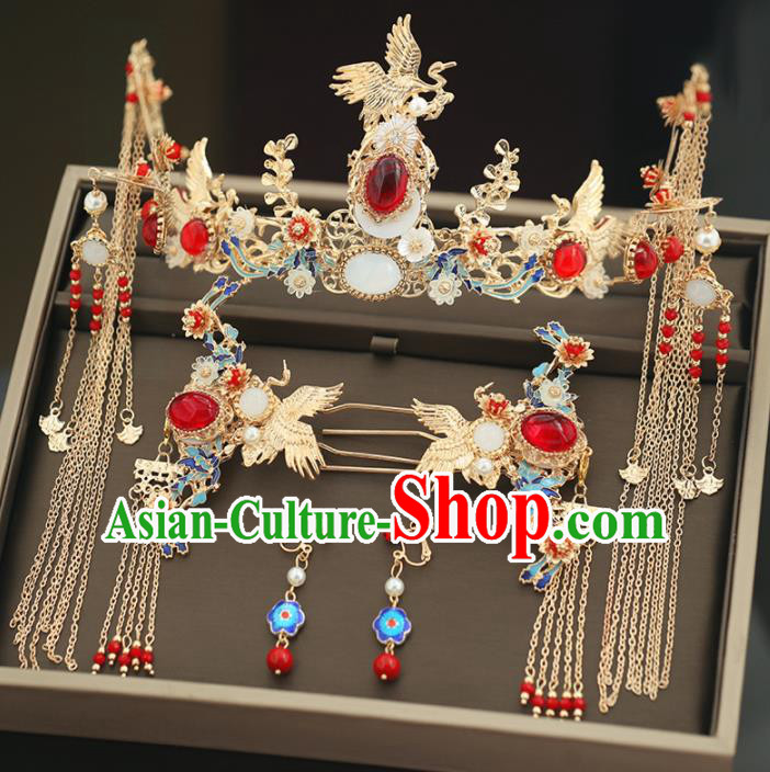 Handmade Chinese Ancient Wedding Blueing Agate Phoenix Coronet Tassel Hairpins Traditional Bride Hanfu Hair Accessories for Women