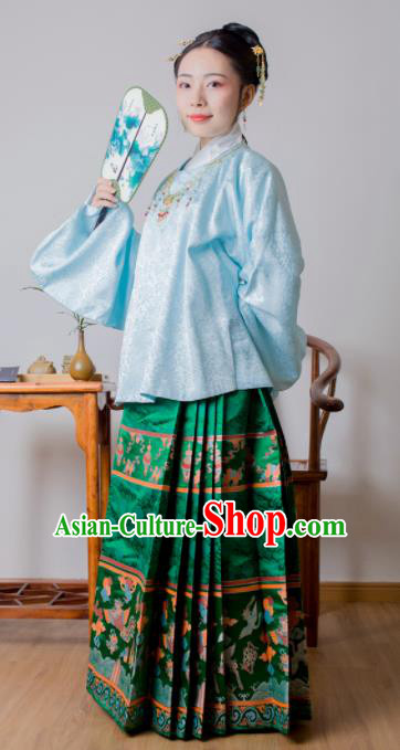 Chinese Ancient Princess Blue Brocade Blouse and Green Skirt Traditional Ming Dynasty Imperial Consort Historical Costume for Women
