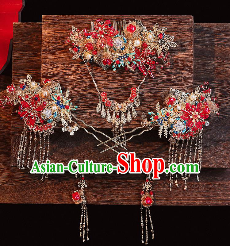 Handmade Chinese Wedding Red Flowers Hair Comb Hairpins Ancient Traditional Hanfu Hair Accessories for Women