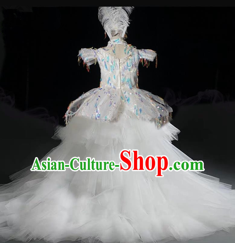 Top Grade Stage Show Costume Catwalks Princess White Veil Trailing Dress for Kids