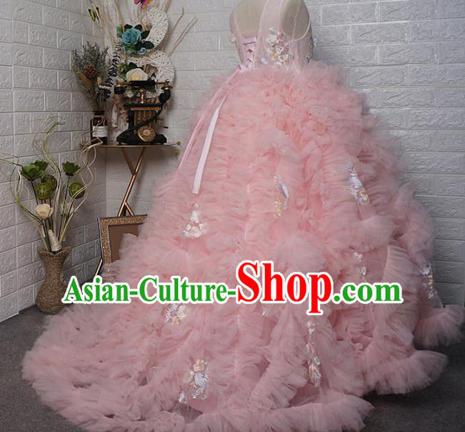 Top Grade Modern Fancywork Court Princess Pink Veil Trailing Dress Catwalks Compere Stage Show Dance Costume for Kids