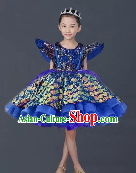 Top Grade Stage Show Costume Catwalks Princess Royalblue Bubble Short Dress for Kids