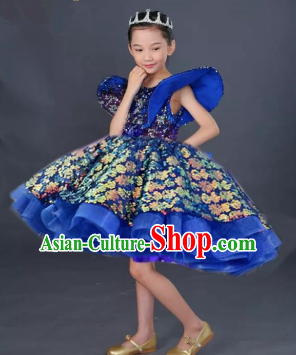 Top Grade Stage Show Costume Catwalks Princess Royalblue Bubble Short Dress for Kids