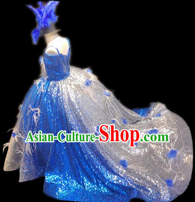 Top Grade Stage Show Costume Catwalks Princess Blue Paillette Trailing Full Dress for Kids