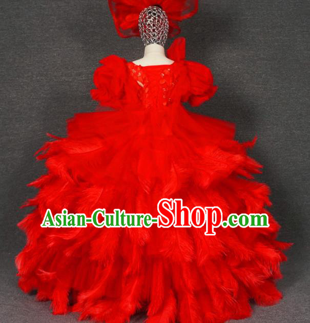 Top Grade Modern Fancywork Court Princess Red Feather Dress Catwalks Compere Stage Show Dance Costume for Kids