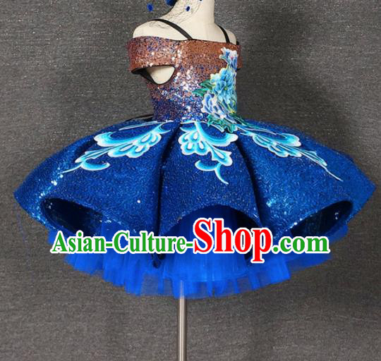 Top Grade Chinese Stage Performance Blue Bubble Full Dress Catwalks Dance Embroidered Costume for Kids