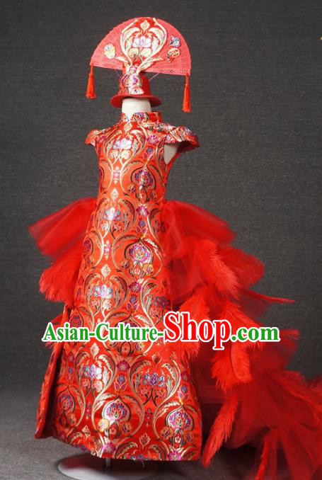 Chinese Stage Performance Red Feather Trailing Qipao Full Dress Catwalks Modern Fancywork Dance Costume for Kids