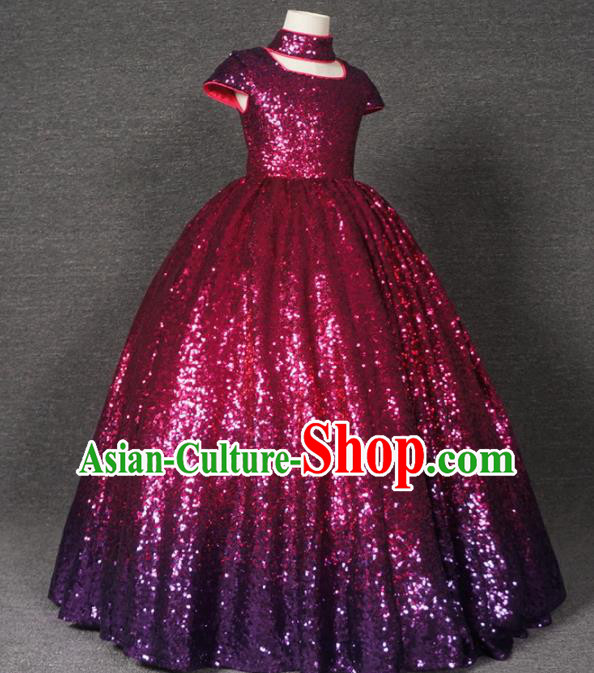 Top Grade Catwalks Court Princess Wine Red Dress Compere Modern Fancywork Stage Show Dance Costume for Kids