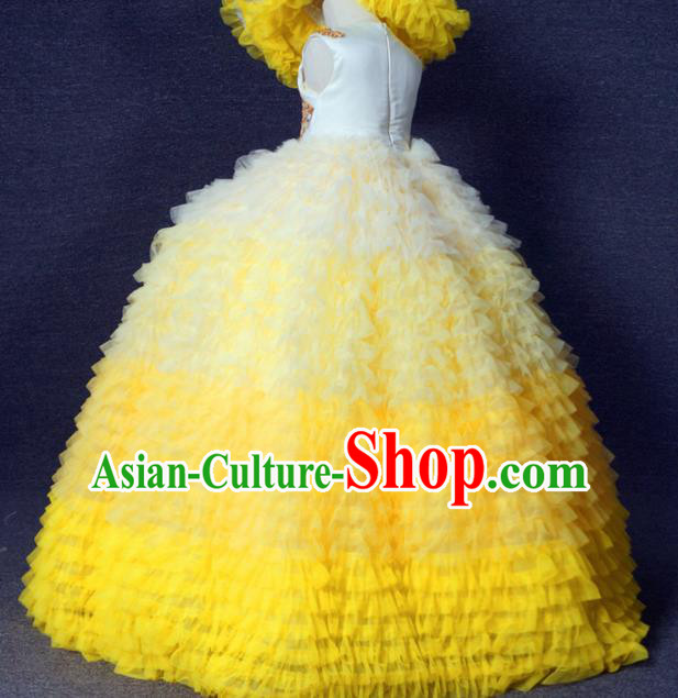 Top Grade Catwalks Court Princess Yellow Veil Dress Compere Modern Fancywork Stage Show Dance Costume for Kids
