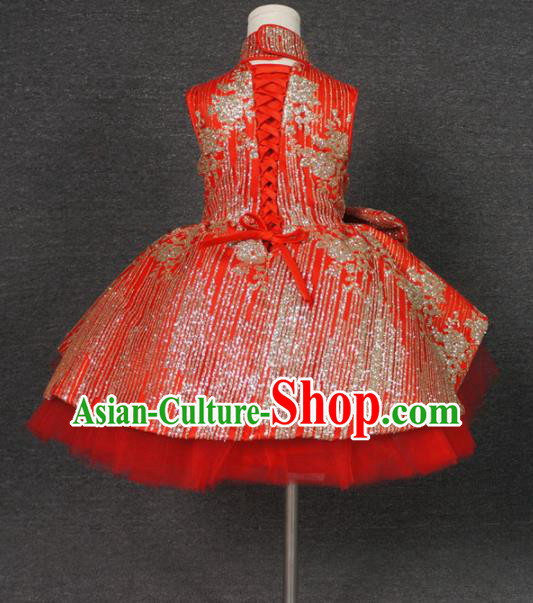 Chinese Stage Performance Embroidered Full Dress Red Qipao Catwalks Modern Fancywork Dance Costume for Kids