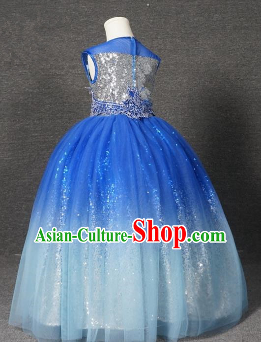 Top Grade Catwalks Court Princess Blue Veil Dress Compere Modern Fancywork Stage Show Dance Costume for Kids