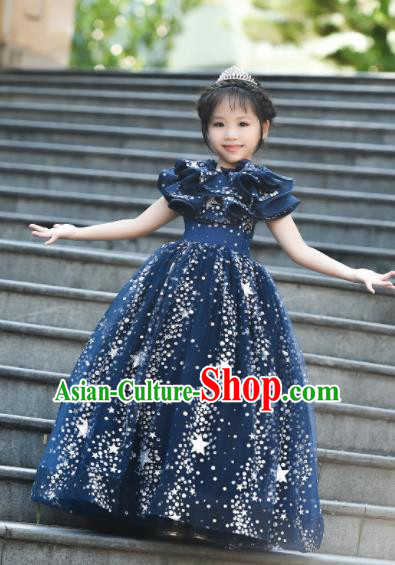 Top Grade Catwalks Court Princess Navy Veil Dress Compere Modern Fancywork Stage Show Dance Costume for Kids