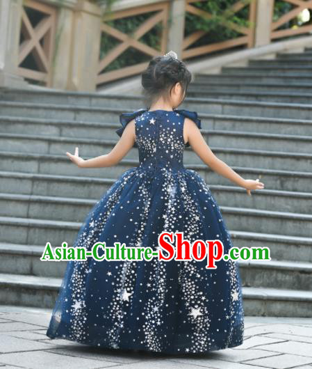 Top Grade Catwalks Court Princess Navy Veil Dress Compere Modern Fancywork Stage Show Dance Costume for Kids