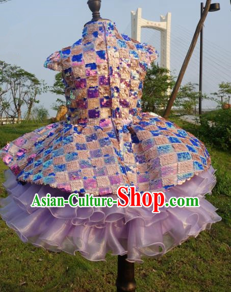 Chinese Stage Performance Full Dress Catwalks Purple Qipao Modern Fancywork Dance Costume for Kids