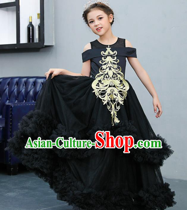 Top Grade Catwalks Court Princess Black Veil Dress Compere Modern Fancywork Stage Show Dance Costume for Kids