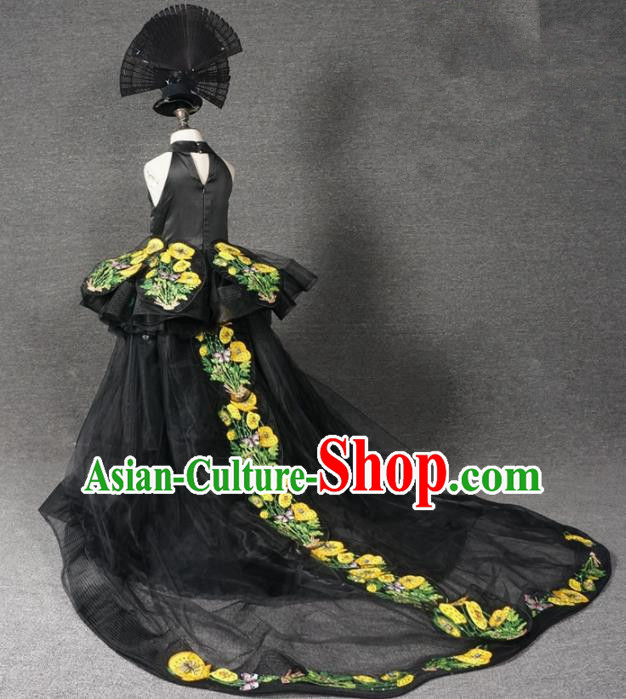 Top Grade Catwalks Compere Black Trailing Dress Modern Fancywork Court Princess Stage Show Dance Costume for Kids