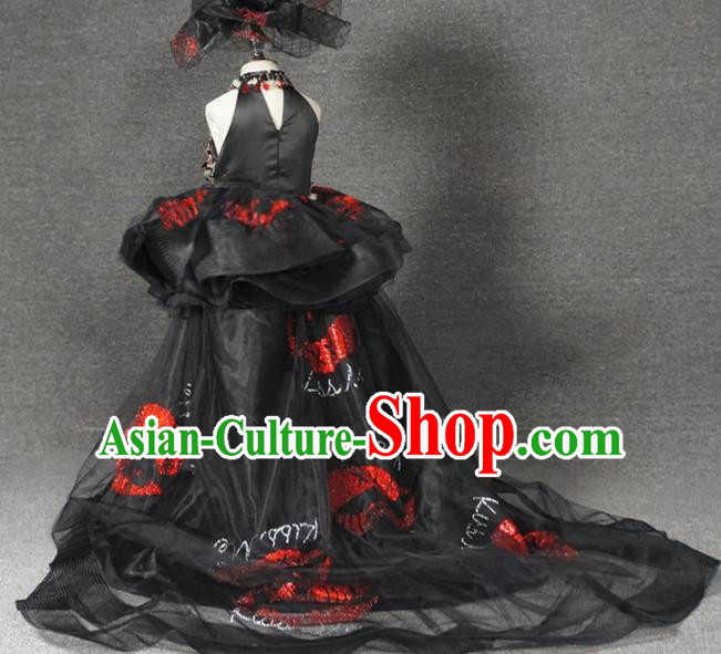 Top Grade Catwalks Stage Show Black Trailing Dress Modern Fancywork Compere Court Princess Dance Costume for Kids
