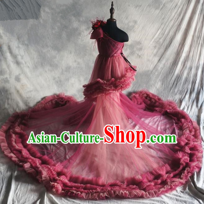 Top Grade Catwalks Stage Show Rosy Veil Trailing Dress Modern Fancywork Compere Court Princess Dance Costume for Kids