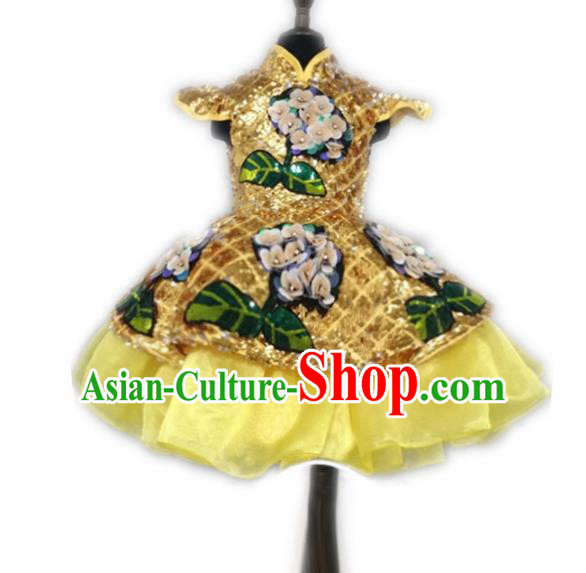 Chinese Stage Performance Golden Paillette Full Dress Catwalks Modern Fancywork Dance Costume for Kids