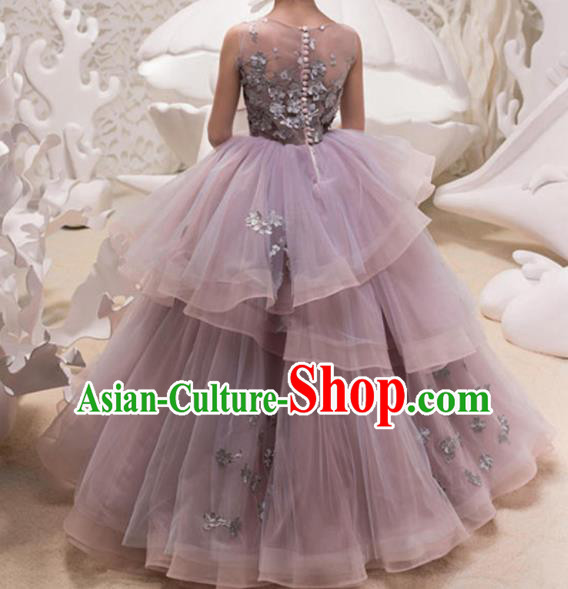 Top Grade Catwalks Stage Show Purple Veil Dress Modern Fancywork Compere Court Princess Dance Costume for Kids