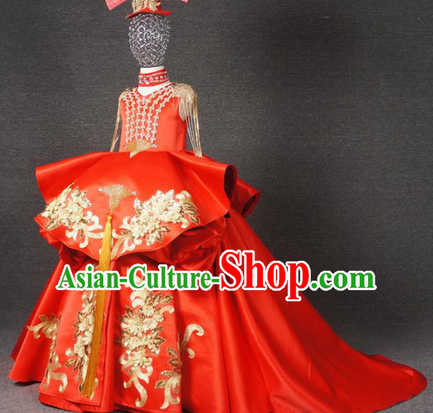 Chinese Stage Performance Embroidered Red Full Dress Catwalks Modern Fancywork Dance Costume for Kids