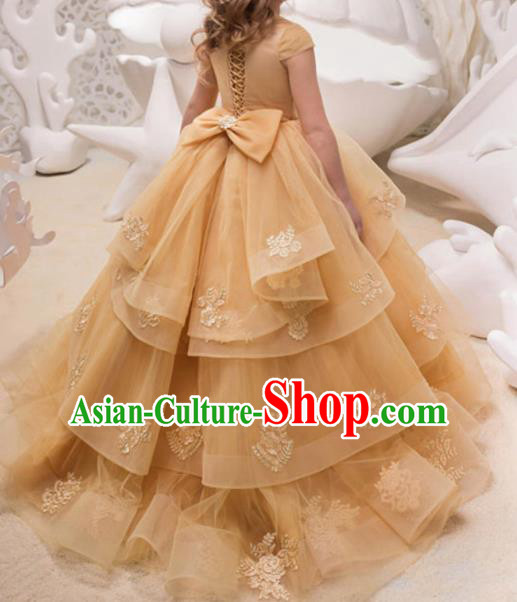Top Grade Catwalks Stage Show Yellow Veil Dress Modern Fancywork Compere Court Princess Dance Costume for Kids