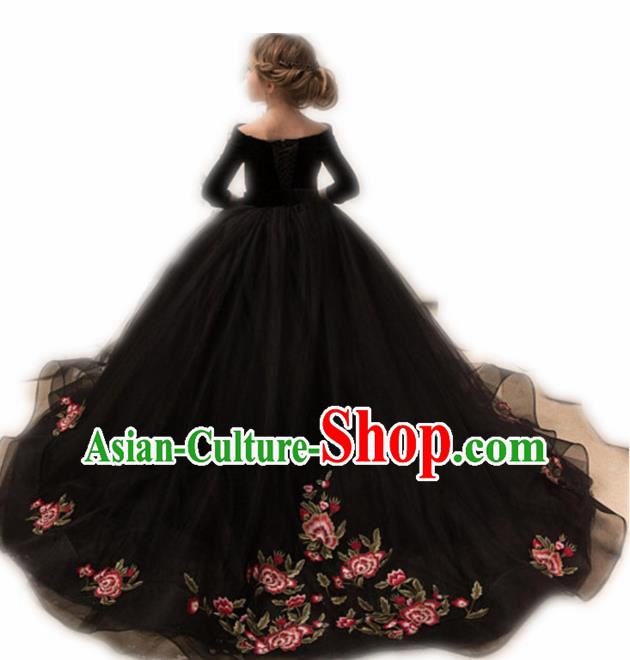 Top Grade Catwalks Stage Show Embroidered Black Dress Modern Fancywork Compere Court Princess Dance Costume for Kids