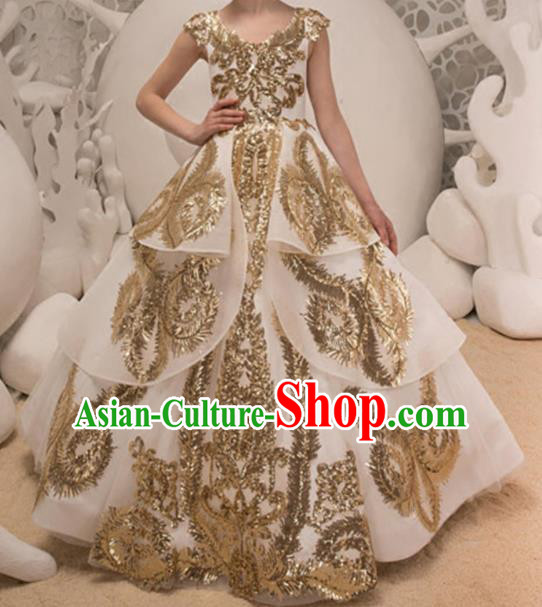 Top Grade Catwalks Stage Show Embroidered White Dress Modern Fancywork Compere Court Princess Dance Costume for Kids