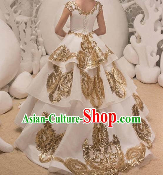 Top Grade Catwalks Stage Show Embroidered White Dress Modern Fancywork Compere Court Princess Dance Costume for Kids