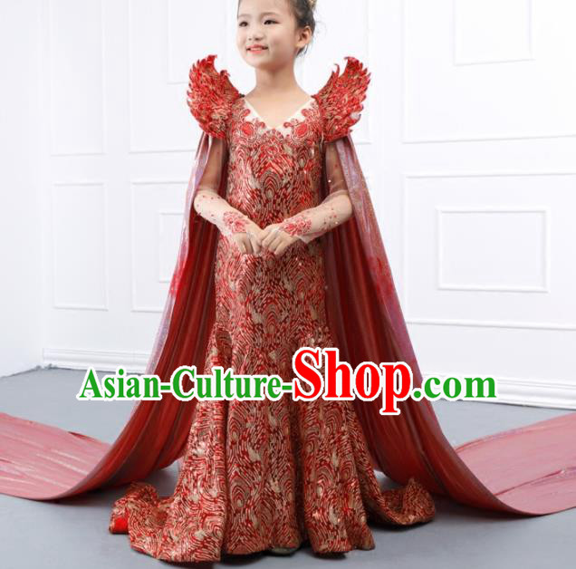 Top Grade Catwalks Stage Show Red Trailing Dress Modern Fancywork Compere Court Princess Dance Costume for Kids