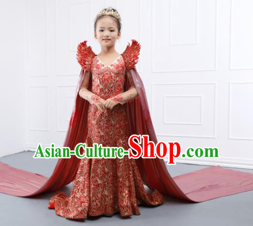Top Grade Catwalks Stage Show Red Trailing Dress Modern Fancywork Compere Court Princess Dance Costume for Kids
