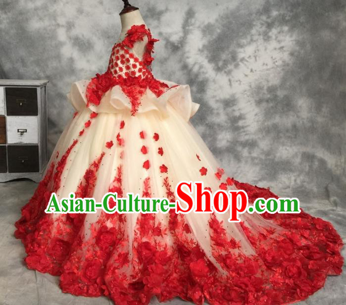 Top Grade Catwalks Stage Show Embroidered Rose Red Trailing Dress Modern Fancywork Compere Court Princess Dance Costume for Kids