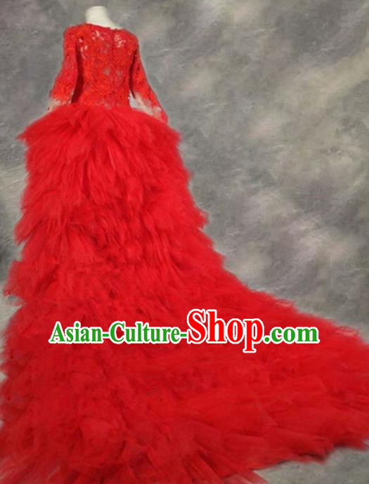 Top Grade Catwalks Stage Show Red Veil Trailing Dress Modern Fancywork Compere Court Princess Dance Costume for Kids