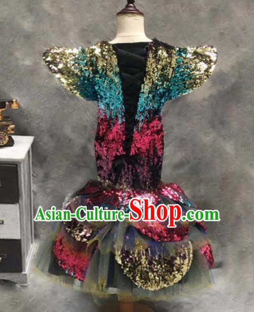 Top Grade Catwalks Stage Show Colorful Paillette Dress Modern Fancywork Compere Court Princess Dance Costume for Kids