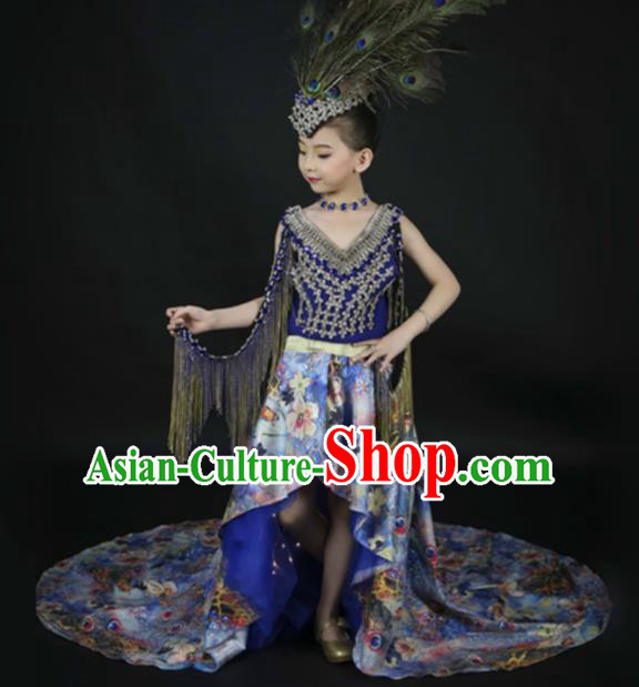 Top Grade Catwalks Stage Show Printing Blue Trailing Dress Modern Fancywork Compere Court Princess Dance Costume for Kids