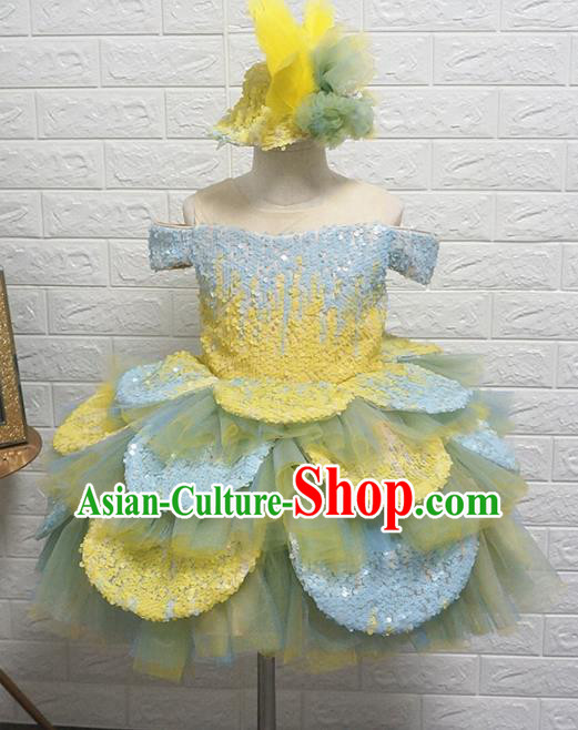 Top Grade Stage Show Costume Catwalks Princess Blue Bubble Full Dress for Kids