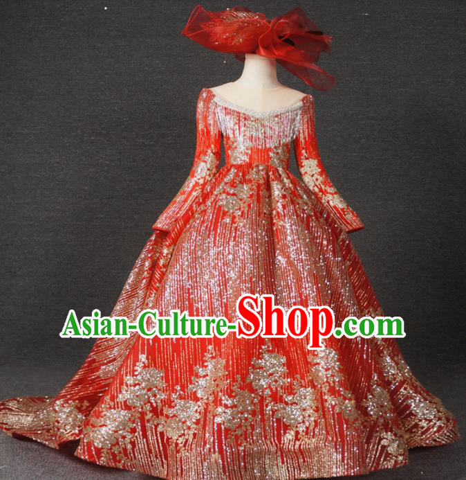 Top Grade Catwalks Court Princess Embroidered Red Dress Compere Modern Fancywork Stage Show Dance Costume for Kids